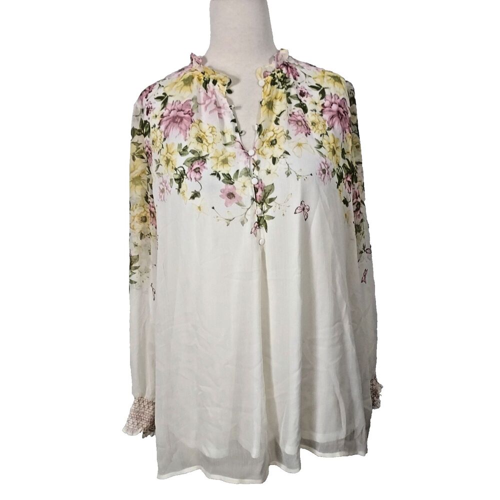 Joie Floral Top Blouse Womens Plus 1X Sheer Romantic Feminine Lined Long Sleeve